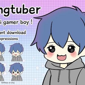 Png Tuber Model  4x Chibi Anime Pngtuber Boy Avatars with Blue Hair | Premade Vtuber Model for Twitch, TikTok, Discord, Veadotube