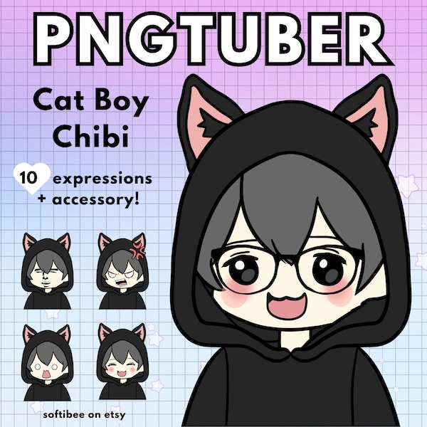 Vtuber Male Chibi Cat Boy Black / Pngtuber Model Men /  boy with glasses For Twitch Streamers /  Animal Vtuber Kawaii For Tiktok Kick