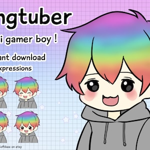 Pngtuber male ! x4 chibi boy anime & rainbow hair avatars twitch vtuber model male for png tuber streamers ! Discord Youtube Tiktok