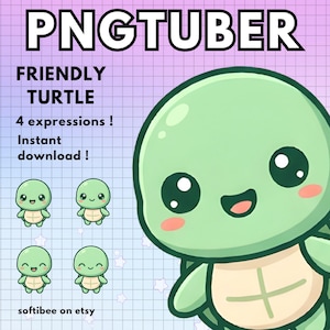 Puede incluir: Gráfico digital con una tortuga de dibujos animados amigable con cuatro expresiones diferentes. La tortuga es de color verde claro con un caparazón marrón claro y mejillas rosadas. El texto incluye "PNGTUBER", "FRIENDLY TURTLE" y "¡Descarga instantánea!"