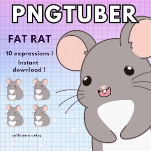Pode incluir: Uma ilustração digital de um rato gordo de desenho animado, cinza e fofo, com 10 expressões diferentes. O texto "FAT RAT" e "10 expressions! Download instantâneo!" é exibido acima do rato. O texto "softibee on etsy" é exibido abaixo do rato.