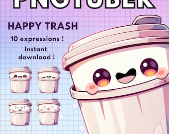 May include: A digital illustration of a cartoon trash can with a smiling face and big eyes. The trash can is shaped like a coffee cup with a lid. The text "HAPPY TRASH" and "10 expressions!" is above the image. The text "Instant download!" is below the image. There are four smaller images of the trash can with different expressions below the main image.