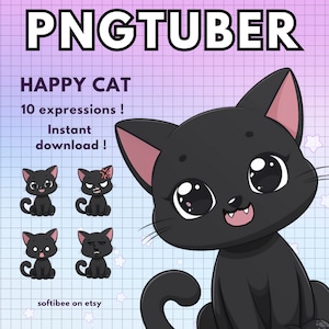 Modelo Vtuber de gato Pngtuber para Twitch / 10 avatares reactivos de Discord de Tuber PNG negro / V-tuber Vtube Chibi Giftuber - DESCARGA INSTANTÁNEA