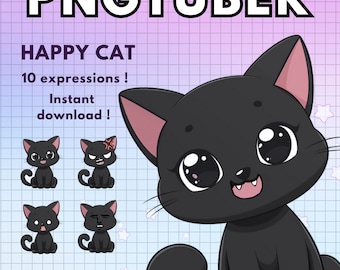 以下が含まれることがあります： 大きな目とピンクの鼻をした黒い猫。猫は座って視聴者を見ている。「HAPPY CAT」と「10 expressions!」というテキストが猫の上にあります。「Instant download!」というテキストが猫の下にあります。テキストの下には、異なる表情をした猫の小さな画像が4つあります。
