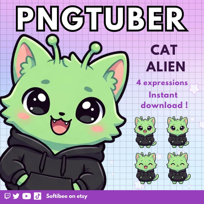 Alien Cat Pngtuber Avatar ! 4x Meme Cat Vtuber Png Tuber Premade Giftuber edition for Twitch Vtubers and Content Creators ! Discord Youtube Cute PNGTuber in anime chibi style, ideal for Twitch, YouTube, and TikTok streamers. This PNGTuber base features a unique VTuber design with transparent background. Great as VTuber assets for overlays or animated avatars. Perfect for content creators who want a cute, clean, and high-quality VTuber model for their streams.