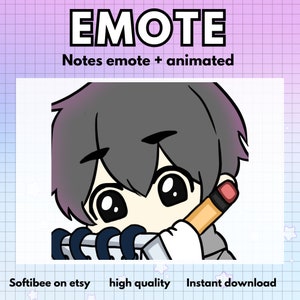 May include: Animated emote of a cartoon character with black hair, wearing a white shirt and holding a pencil. The character has large eyes and a surprised expression. The text "Notes emote + animated" is visible above the character.