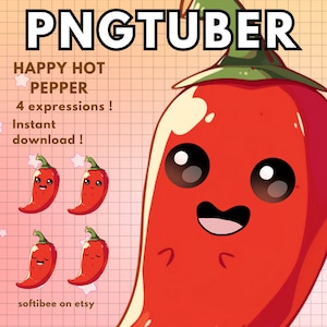 May include: PNGTuber logo with the text "HAPPY HOT PEPPER" and "4 expressions! Instant download!"  A red cartoon chili pepper with a happy face and a white background.