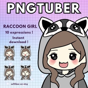 Vtuber Racoon Girl Pngtuber Model for Twitch | 10x Png Tuber Reactive Discord | Brown hair Vtube V-tuber Chibi Giftuber - ready to use