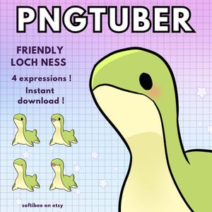 Peut inclure: Une illustration numérique d'un monstre du Loch Ness vert avec quatre expressions différentes. Le texte "PNGTUBER" est en haut de l'image. Le texte "FRIENDLY LOCH NESS" est en dessous de l'image. Le texte "4 expressions ! Téléchargement instantané !" est en dessous de l'image. Le texte "softibee on etsy" est en bas de l'image.