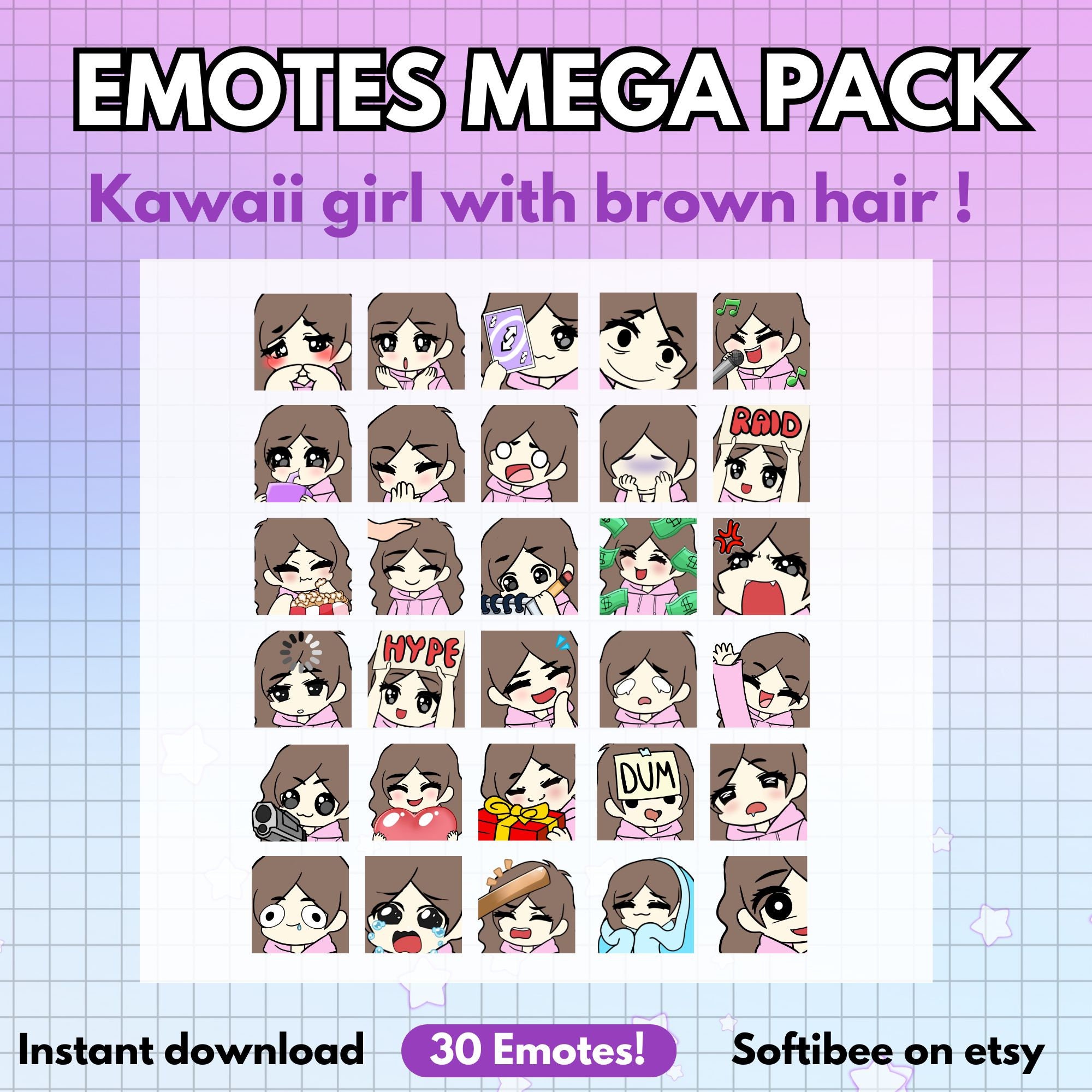 Girl Emotes Twitch MEGA PACK X30 Emote Chibi Girl Anime With Brown Hair ...