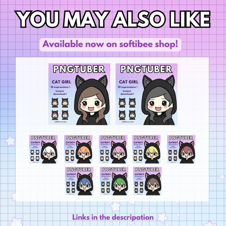 K&ouml;nnte beinhalten: Eine digitale Illustration von Avatar-Sets mit einer Katze und einem Katzenjungen. Der Katzenm&auml;dchen-Avatar hat braunes Haar und tr&auml;gt einen schwarzen Hoodie mit Katzenohren. Der Katzenjungen-Avatar hat blaues Haar und tr&auml;gt einen schwarzen Hoodie mit Katzenohren. Der Text auf dem Bild lautet "PNGTUBER" und "CAT GIRL" und "CATBOY".