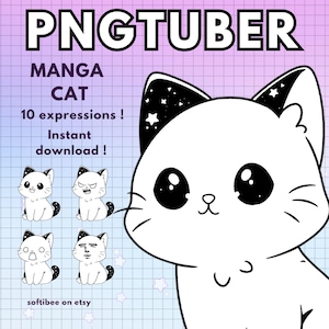 MANGA CAT PNGTUBER / Modelo de Vtuber de gato para Twitch / 10 avatares reactivos de Discord de PNG Tuber / Vtube V-tuber Chibi Giftuber