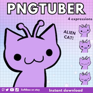 Può includere: Gatto alieno viola con quattro espressioni diverse. Il gatto ha occhi grandi, un naso piccolo e una bocca larga. Il testo "Alien Cat!" è scritto in lettere bianche su sfondo nero. Il testo "4 expressions" è scritto in lettere bianche su sfondo nero. Il testo "PNGTUBER" è scritto in lettere bianche su sfondo nero.