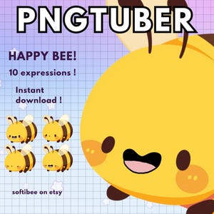 May include: A digital illustration of a cute cartoon bee with 10 different expressions. The bee is yellow with black stripes and has a big smile. The text "HAPPY BEE! 10 expressions! Instant download!" is written above the bee. The text "softibee on etsy" is written below the bee.