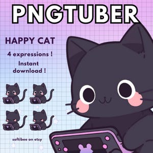 Zwarte kat Pngtuber Model 4x | Gamer Furry Cat Png-knol | Chibi Vtubers voor Twitch-streaming Chibi png vtuber animal | Klaar voor gebruik