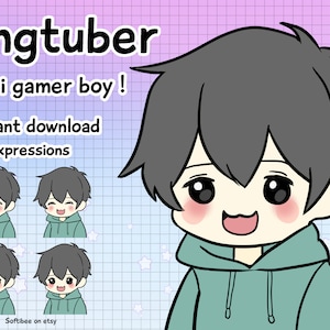 Premade Starter Chibi PNGtuber | Vtuber Blue Hoodie Anime Kawaii Boy Ready To Download For Use On Twitch / Youtube / Tikt | Veadotube Mini