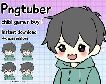 Premade starter chibi pngtuber | Vtuber blauwe hoodie anime kawaii jongen klaar om te downloaden voor gebruik op Twitch / Youtube / Tikt | Veadotube Mini