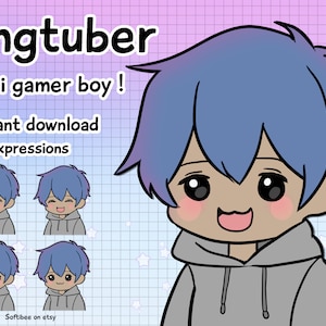 Vtuber Male Model Chibi Boy | Pngtuber Premade for Twitch Streamers | Png tuber boy anime with black skin color & blue hair for gamers