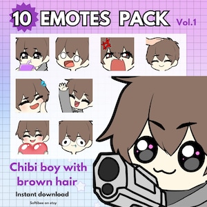 Boy Emotes Twitch Bundle Vo.1 ! X10 Chibi Emotes Boy Anime With Brown Hair Model Male For Twitch & Pngtuber Premade ! Discord Youtube Tiktok