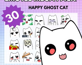 Ghost Cat Emotes Twitch MEGA PACK ! x30 Emote Chibi Boy Anime Cat model Halloween male for twitch & Pngtuber Pre made !
