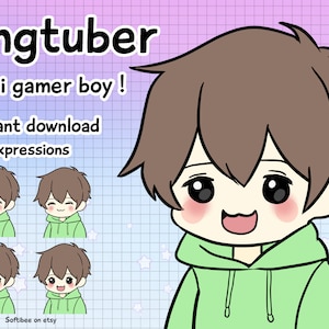 Pngtuber male Premade Vtuber model ! Brown hair & hoodie Chibi boy Png Tuber for Twitch | Kawaii Giftuber for Streamers