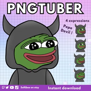 May include: A digital illustration of Pepe the Frog wearing a black hooded cloak with horns. The frog has a green face with large eyes and a wide smile. The text "PNGTUBER" is at the top of the image. The text "4 expressions" and "Pepe Devil!" are in the upper right corner of the image. There are four smaller images of Pepe the Frog with different expressions below the main image.