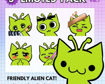 Emotes de Twitch Gato alienígena / PAQUETE de 5 / Emotes de gato kawaii para transmisión de juegos Emote Alien p2u Superposición de Twitch Discord YouTube Tiktok