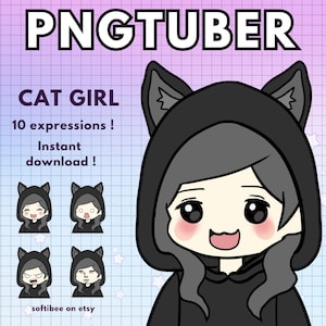 Catgirl vtuber model male with black hair ! 10x Girl pngtuber woman avatars | animal png tuber reactive discord & Twitch vtube cat v-tuber