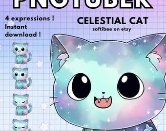 May include: Celestial Cat digital clipart with 4 expressions. The cat is blue, pink, and purple with a galaxy pattern. The cat has big eyes and a cute smile. The text "CELESTIAL CAT" and "softibee on etsy" is in the image.