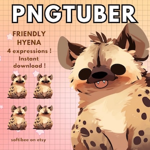 Può includere: Quattro illustrazioni digitali di un'iena di cartone animato amichevole con diverse espressioni. L'iena è marrone con macchie nere e ha il naso e la lingua rosa. Il testo "FRIENDLY HYENA 4 expressions! Instant download!" è nella parte superiore dell'immagine. Il testo "softibee on etsy" è nella parte inferiore dell'immagine.