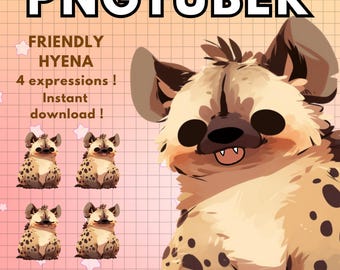 Puede incluir: Cuatro ilustraciones digitales de una hiena de dibujos animados amigable con diferentes expresiones. La hiena es marrón con manchas negras y tiene la nariz y la lengua rosas. El texto "FRIENDLY HYENA 4 expressions! Instant download!" está en la parte superior de la imagen. El texto "softibee on etsy" está en la parte inferior de la imagen.