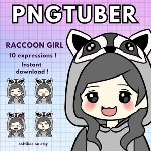 Vtuber Racoon Girl Pngtuber Model for Twitch | 10x Png Tuber Reactive Discord | Black hair Vtube V-tuber Chibi Giftuber - ready to use