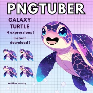 Puede incluir: Una ilustración digital de una tortuga galaxia con cuatro expresiones diferentes. La tortuga tiene un caparazón rosa con un patrón de galaxia y ojos azules. El texto "GALAXY TURTLE" y "4 expressions!" está escrito en negro. El texto "Instant download!" está escrito en blanco. El texto "softibee on etsy" está escrito en negro.