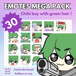 Boy Twitch Emotes , 30 Boy Emotes, Twitch Emotes, Discord Emotes, YouTube Emotes, Male Emotes, (Black eyes | Green Hair )