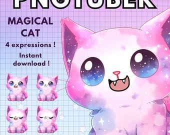 Vtuber Cat Magical Pngtuber Model for Twitch | 4x Pink Png Tuber Reactive Discord avatars |  V-tuber Vtube Chibi Giftuber kitty ready to use