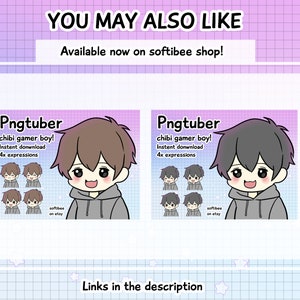 May include: Two digital illustrations of chibi gamer boys with different hair colors. Each illustration includes four different expressions of the character. The text "Pngtuber" is above each illustration, and the text "chibi gamer boy!" is below the text "Pngtuber". The text "Instent donwnload" is below the text "chibi gamer boy!" and the text "4x expressions" is below the text "Instent donwnload". The text "softibee on etsy" is in the bottom right corner of each illustration.