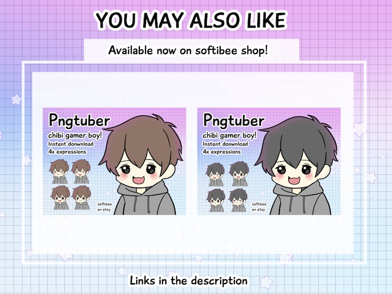 May include: Two digital illustrations of chibi gamer boys with different hair colors. Each illustration includes four different expressions of the character. The text "Pngtuber" is above each illustration, and the text "chibi gamer boy!" is below the text "Pngtuber". The text "Instent donwnload" is below the text "chibi gamer boy!" and the text "4x expressions" is below the text "Instent donwnload". The text "softibee on etsy" is in the bottom right corner of each illustration.