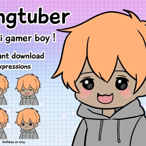 png tuber male model chibi boy | pngtuber premade for twitch streamers | vtuber boy anime with black skin color & orange hair for gamers