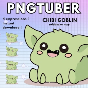 Può includere: Quattro illustrazioni digitali di un goblin chibi verde con diverse espressioni facciali. Il goblin è seduto a gambe incrociate e ha occhi grandi e un ampio sorriso. Il testo "CHIBI GOBLIN" e "softibee on etsy" è visualizzato sopra il goblin.