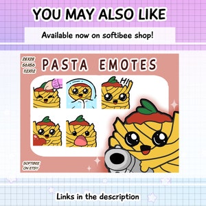 Peut inclure: Un ensemble de quatre &eacute;mojis sur le th&egrave;me des p&acirc;tes mettant en sc&egrave;ne un personnage de p&acirc;tes mignon et dessin&eacute;. Les &eacute;mojis sont disponibles en trois tailles&nbsp;: 28&nbsp;x&nbsp;28, 56&nbsp;x&nbsp;56 et 112&nbsp;x&nbsp;112&nbsp;pixels. Le texte "PASTA EMOTES" est affich&eacute; au-dessus des &eacute;mojis. Le texte "SOFTIBEE ON ETSY" est affich&eacute; en dessous des &eacute;mojis. Le texte "Liens dans la description" est affich&eacute; en dessous des &eacute;mojis.