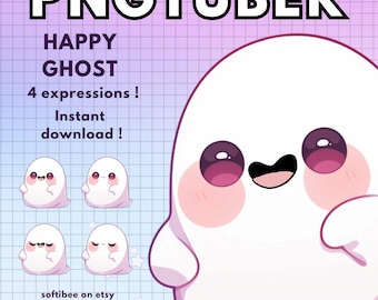 May include: A digital illustration of a cute cartoon ghost with four different expressions. The ghost is white with pink cheeks and large black eyes. The text "Happy Ghost" and "4 expressions!" is written in black text. The text "Instant download!" is written in black text. The text "softibee on etsy" is written in black text.