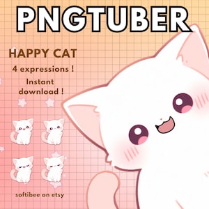 May include: A digital illustration of a cute white cat with pink cheeks and large eyes. The cat is looking at the viewer with a happy expression. The image is set against a pink and white checkered background. The text "HAPPY CAT" and "4 expressions!" is displayed above the cat. The text "Instant download!" is displayed below the cat. The text "softibee on etsy" is displayed at the bottom of the image.