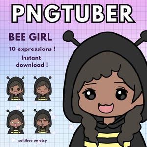 Puede incluir: Una ilustración digital de una chica abeja de dibujos animados con cabello negro y una sudadera con capucha negra con rayas amarillas y negras. La chica tiene 10 expresiones faciales diferentes. El texto "BEE GIRL" y "10 expressions!" se muestra encima de la imagen. El texto "Instant download!" se muestra debajo de la imagen. El texto "softibee on etsy" se muestra en la parte inferior de la imagen.