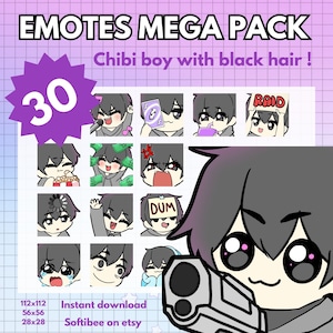 MÉGA PACK d'émoticônes Twitch ! x30 emotes chibi boy anime avec cheveux noirs modèle masculin pour twitch et pngtuber préfabriqués ! Discord Youtube Tiktok
