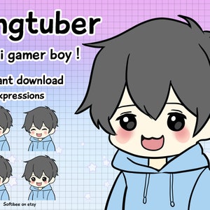 May include: A digital illustration of a chibi gamer boy with four different expressions. The boy is wearing a blue hoodie and has black hair. The image is set against a pink and blue grid background with white stars.