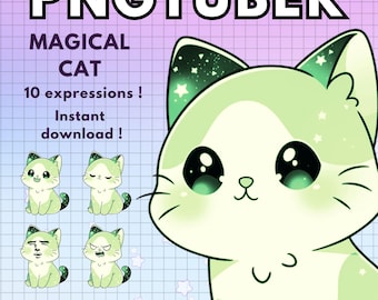May include: Digital art featuring a green and white cartoon cat with large eyes and a variety of expressions. The text "PNGTUBER" and "MAGICAL CAT" are displayed, along with "10 expressions! Instant download!" and the Etsy shop name.