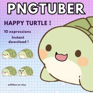 May include: A digital illustration of a happy turtle with a big smile. The turtle is green with a light pink blush on its cheeks. The image is set against a background of a grid pattern with stars. The text "PNGTUBER HAPPY TURTLE! 10 expressions Instant download! softibee on etsy" is included in the image.