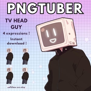 May include: A digital illustration of a cartoon character with a TV screen for a head. The TV screen has a smiling face with two eyes. The character is wearing a black jacket. The text "PNGTUBER TV HEAD GUY 4 expressions! Instant download!" is displayed on the image.