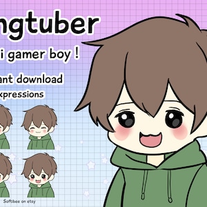 Kawaii Anime Gamer boy PNGTuber | Cute Ready Gaming VTuber Avatar For Streaming | Premade PNG Tuber brown hair Twitch Discord Game Streamer