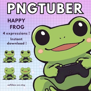 May include: A green cartoon frog wearing a pink shirt and holding a black video game controller. The frog is smiling and has large eyes. The text "HAPPY FROG" and "4 expressions! Instant download!" is written in black text on a purple and white checkered background.